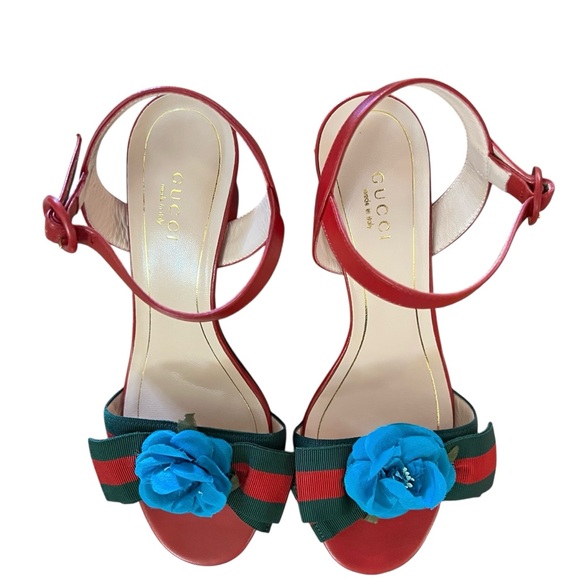 Authentic Red Gucci Web Silk Flower Bow Mid Sandals Size 37;new with tags - Picture 7 of 9